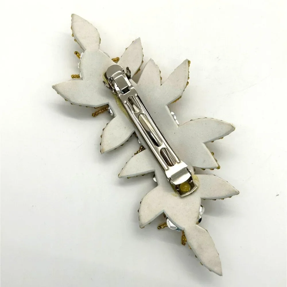 Floral Hair Barrette Bridal Prom Formal Gold-Tone Beaded & Silvertone Sequin - Picture 9 of 10